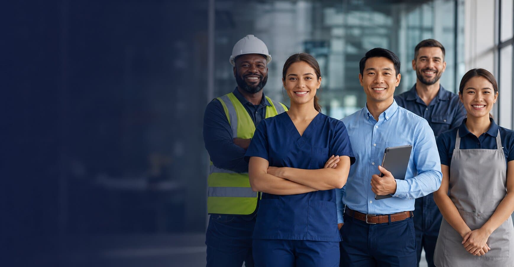 A diverse team of professionals across healthcare, construction and warehouse industries