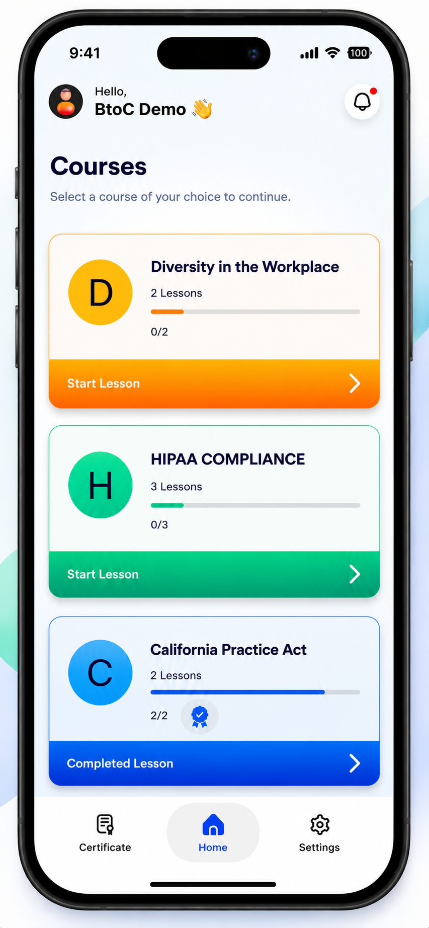 WizeComply mobile app — course list with progress, lessons and certificates